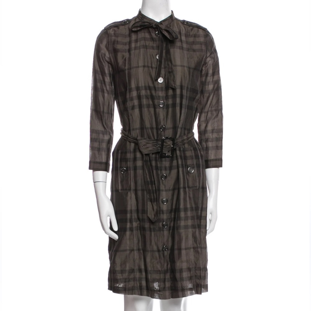 BURBERRY London Dress button down shift Silk cotton Plaid Olive green Fit: XS S - Picture 2 of 11